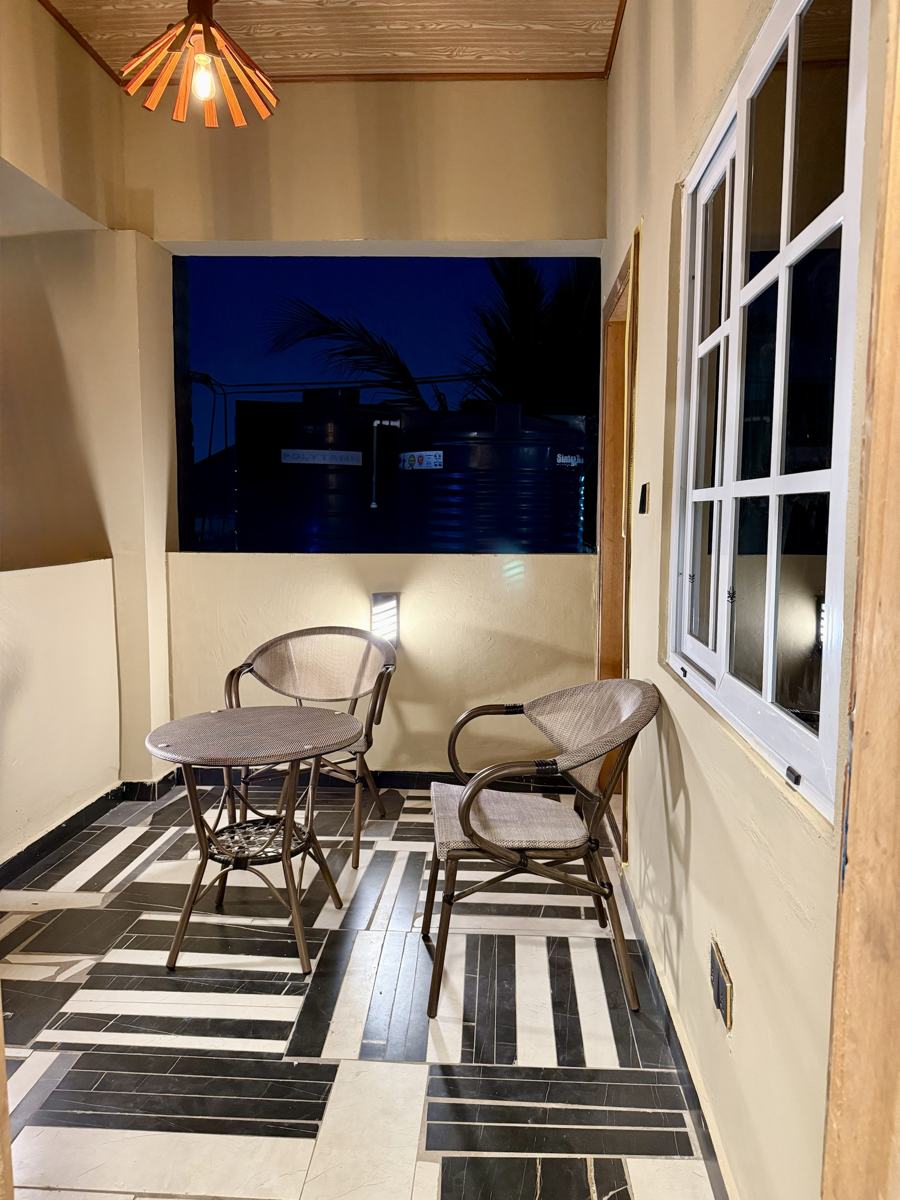 Luxury 1 bedroom, Private balcony with chairs and table
