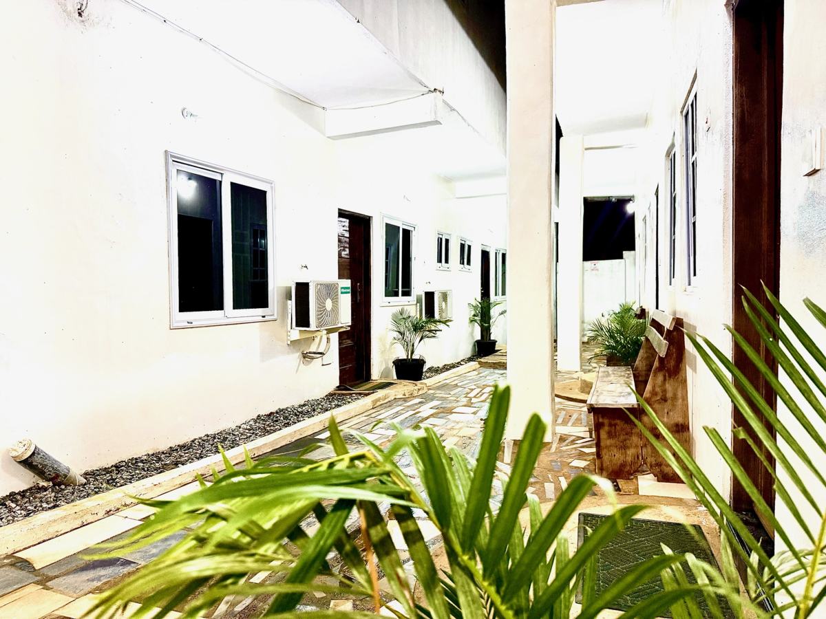 Courtyard walkway with plants and benches